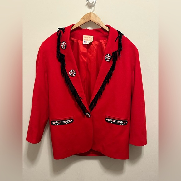 elissa rose Jackets & Blazers - Vintage Elissa Rose Red Blazer Fringe Beaded Size 12 Native American Blazer USA